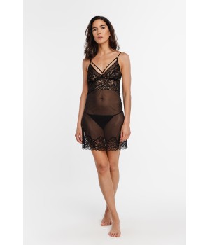 Conjunto de noche de encaje transparente con tanga en color negro